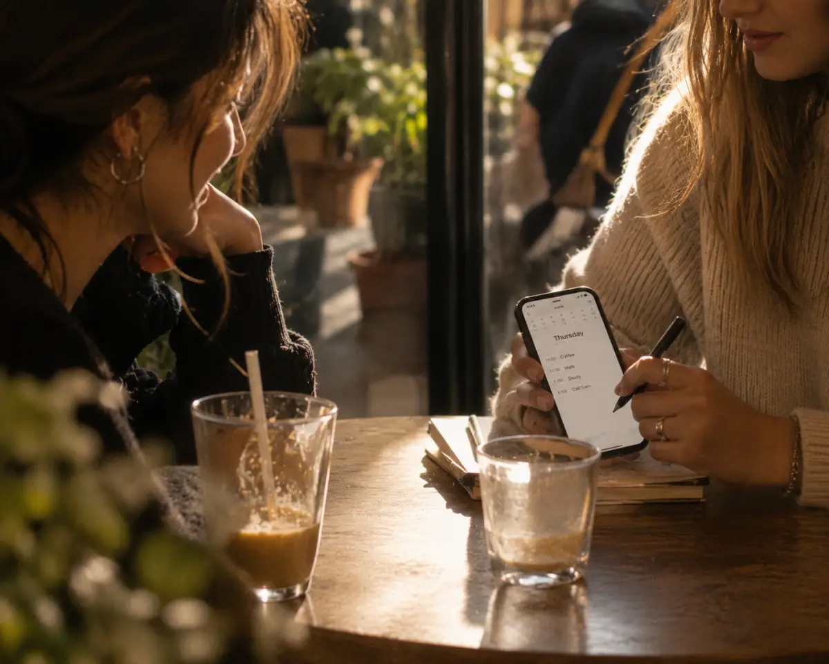 One friend adding a repeat Thursday coffee plan to their phone calendar while the other sits across the café table