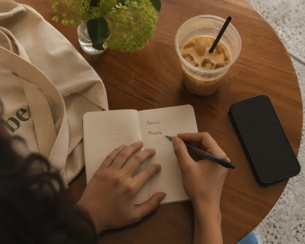 Overhead view of a person writing two names in a small notebook on a café table beside an iced coffee