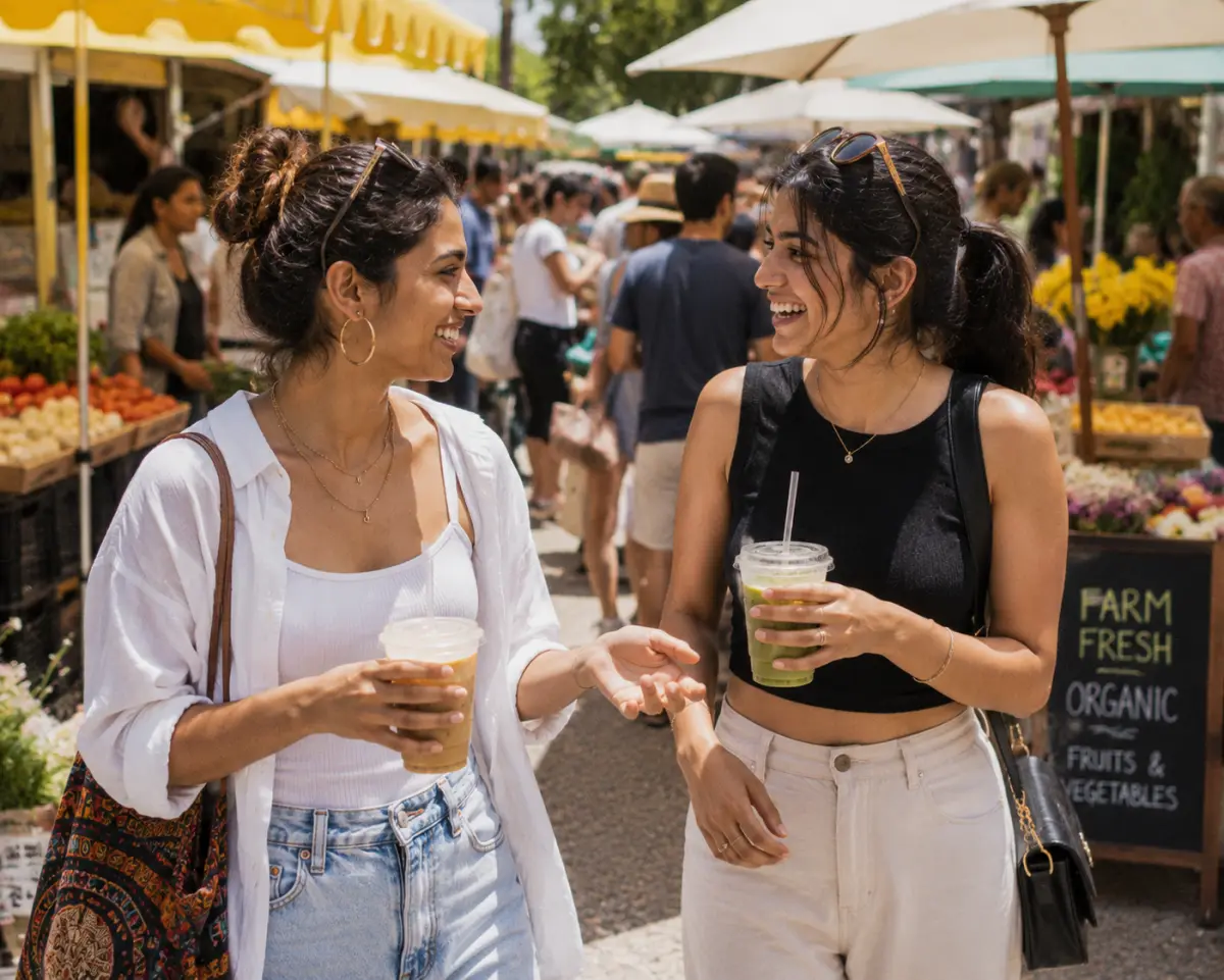 Two young friends browsing a sunny outdoor food market together, holding iced drinks and chatting