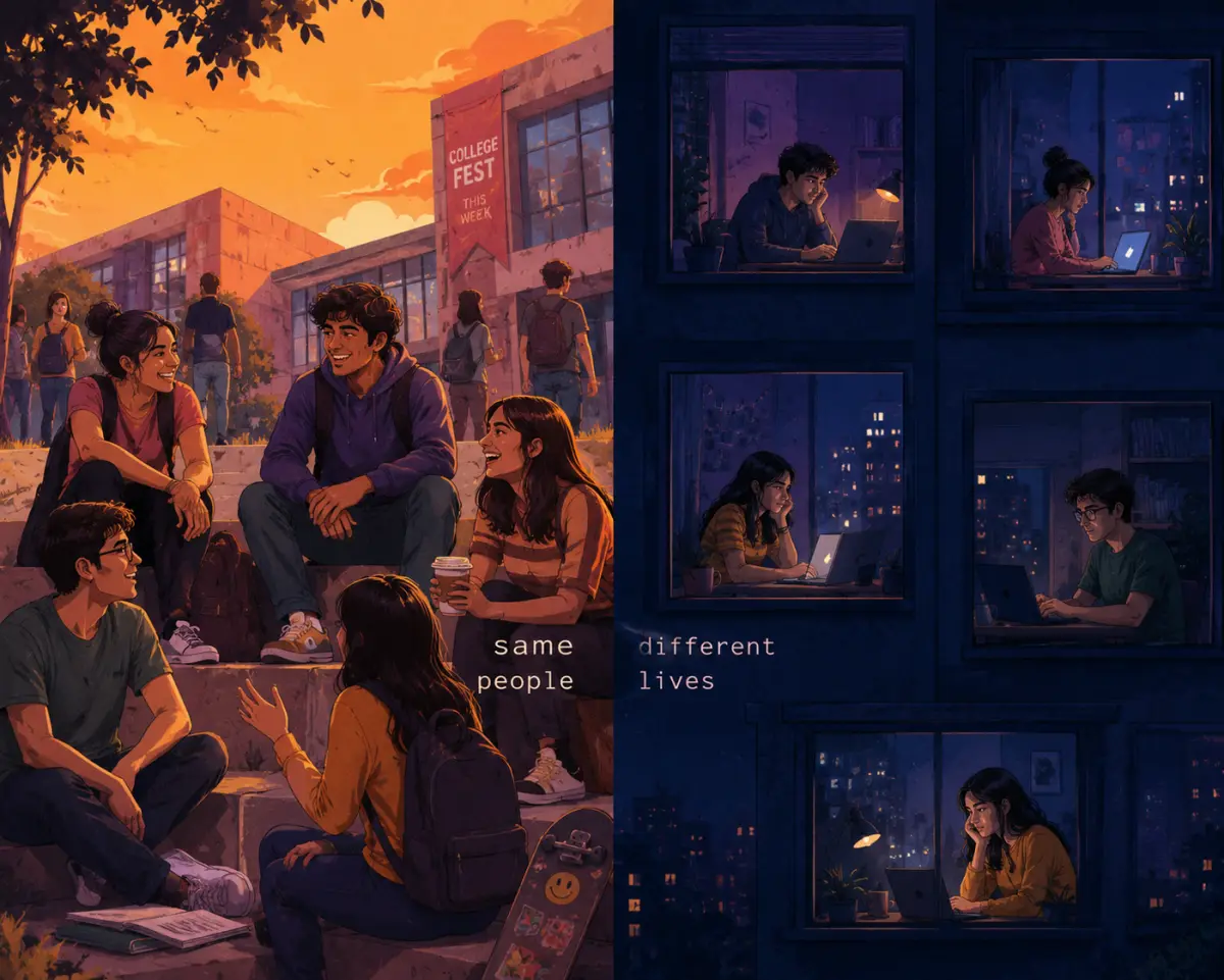 Split illustration of a lively college campus on one side and the same people years later in isolated apartment windows at night on the other