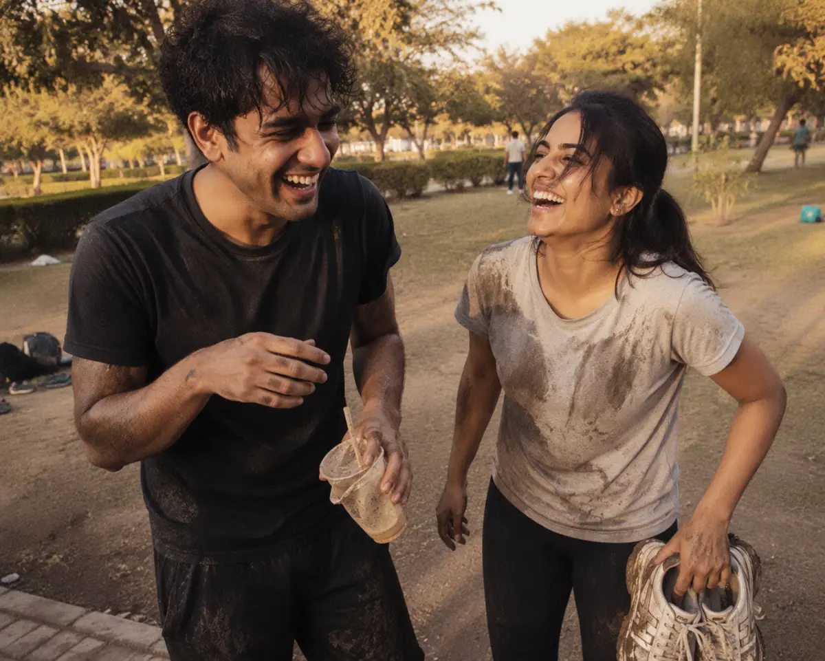Two friends laughing hard after a slightly chaotic outdoor activity, muddy shoes and golden-hour park light