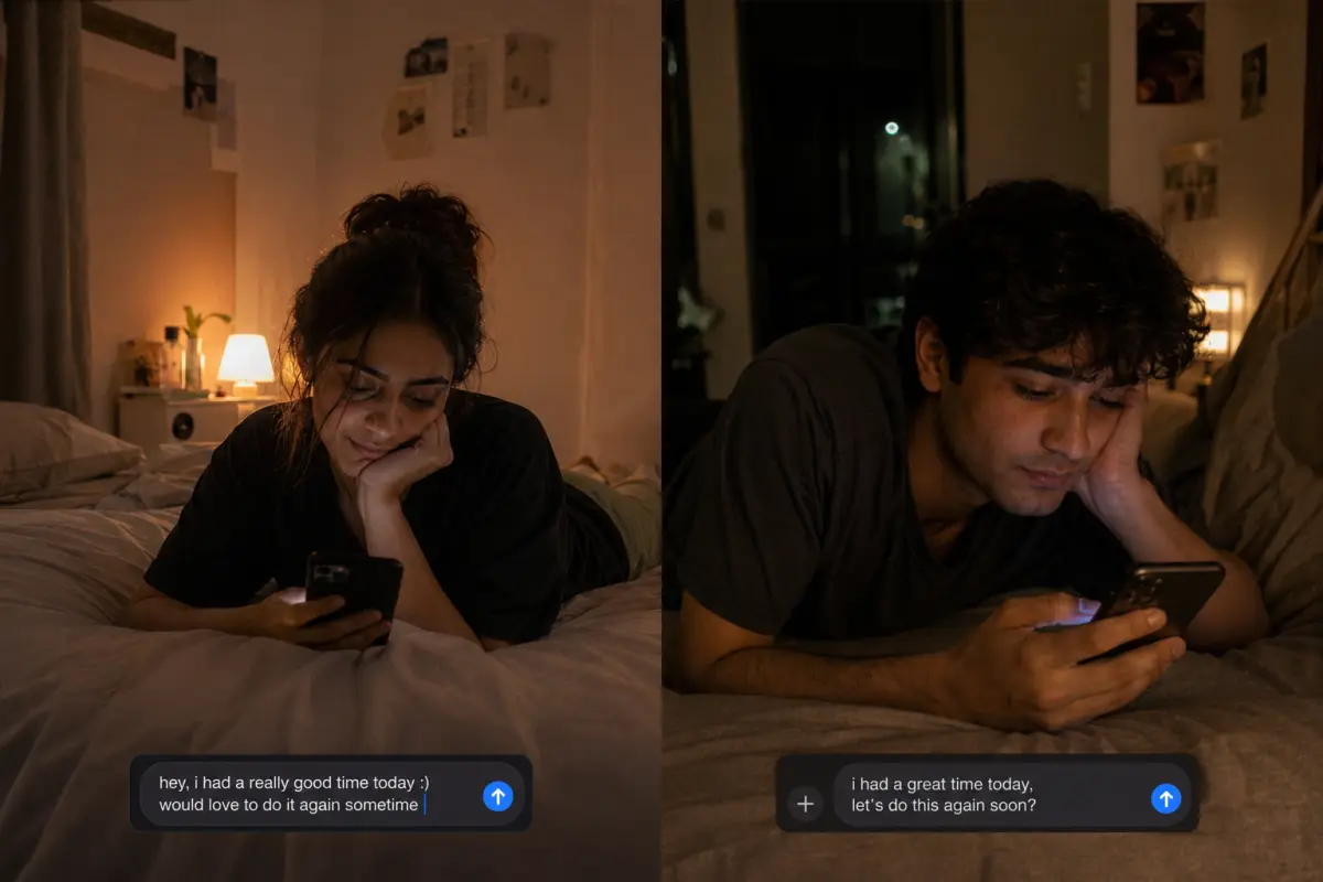 Diptych of two young adults in separate rooms at night, each holding a phone with a half-typed message and overthinking it