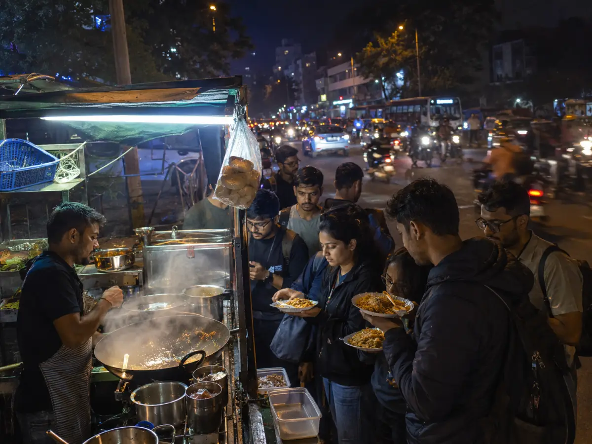 Nighttime roadside food cart in Bangalore with a cook at a steaming wok and young people waiting for plates