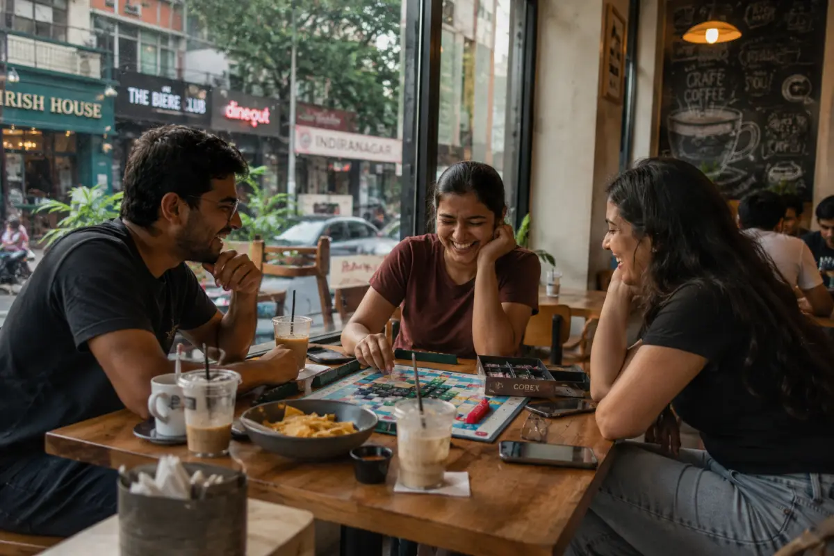 Three friends laughing over a board game and iced coffees at an Indiranagar café