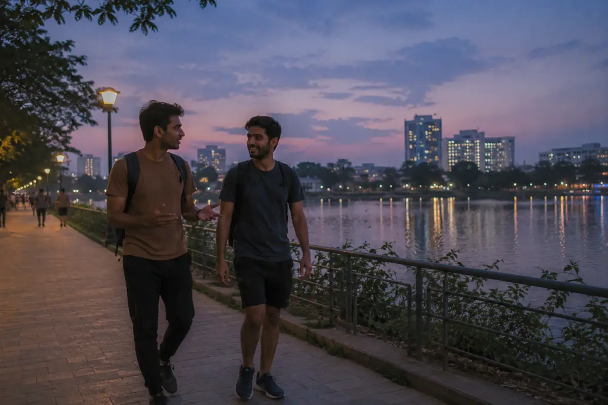 Two friends walking and talking along a Bangalore lake path at dusk