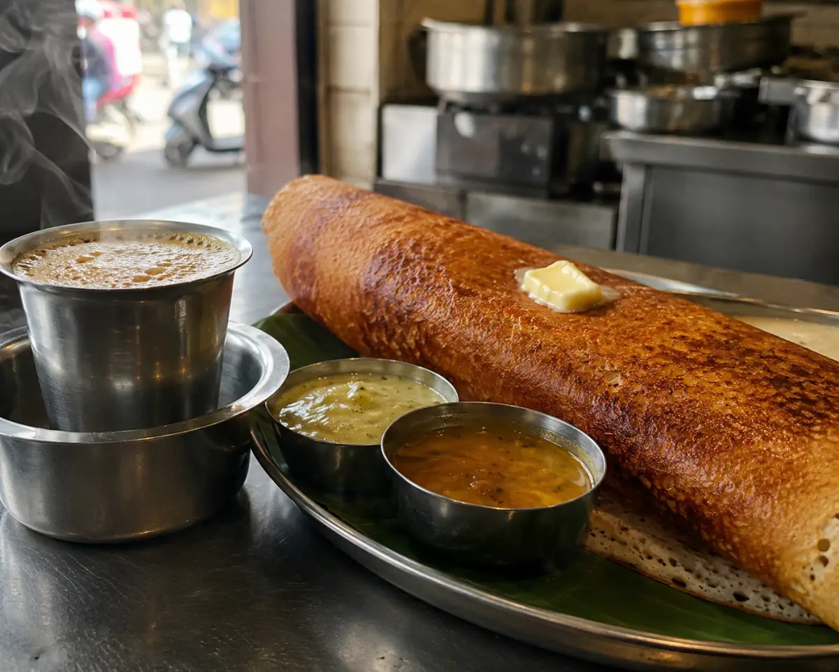 Close-up of a crispy butter masala dosa with melting benne and filter coffee in a steel tumbler at a Bangalore darshini