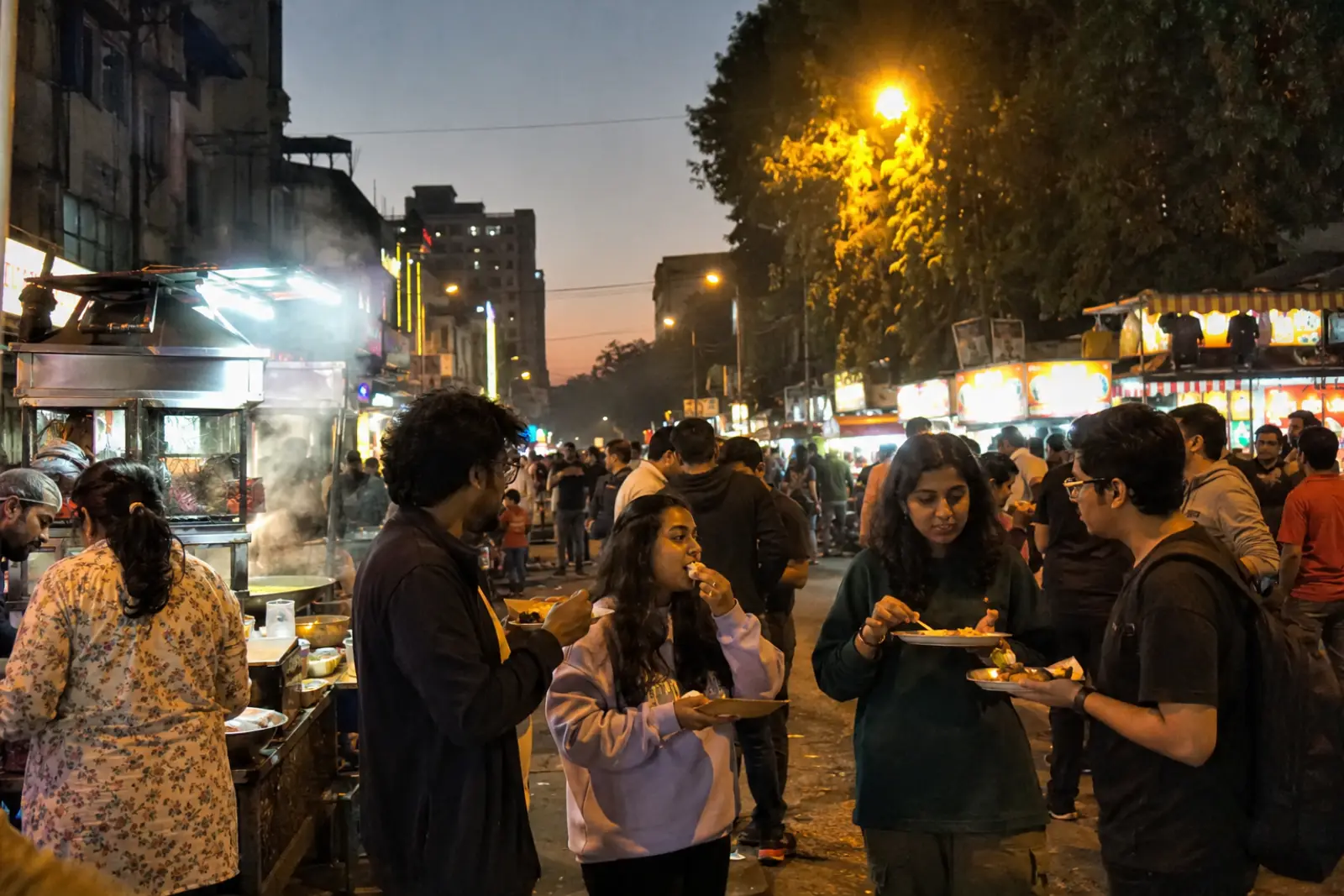 Crowded evening food street in Bangalore with steaming dosa and chaat stalls under warm streetlights
