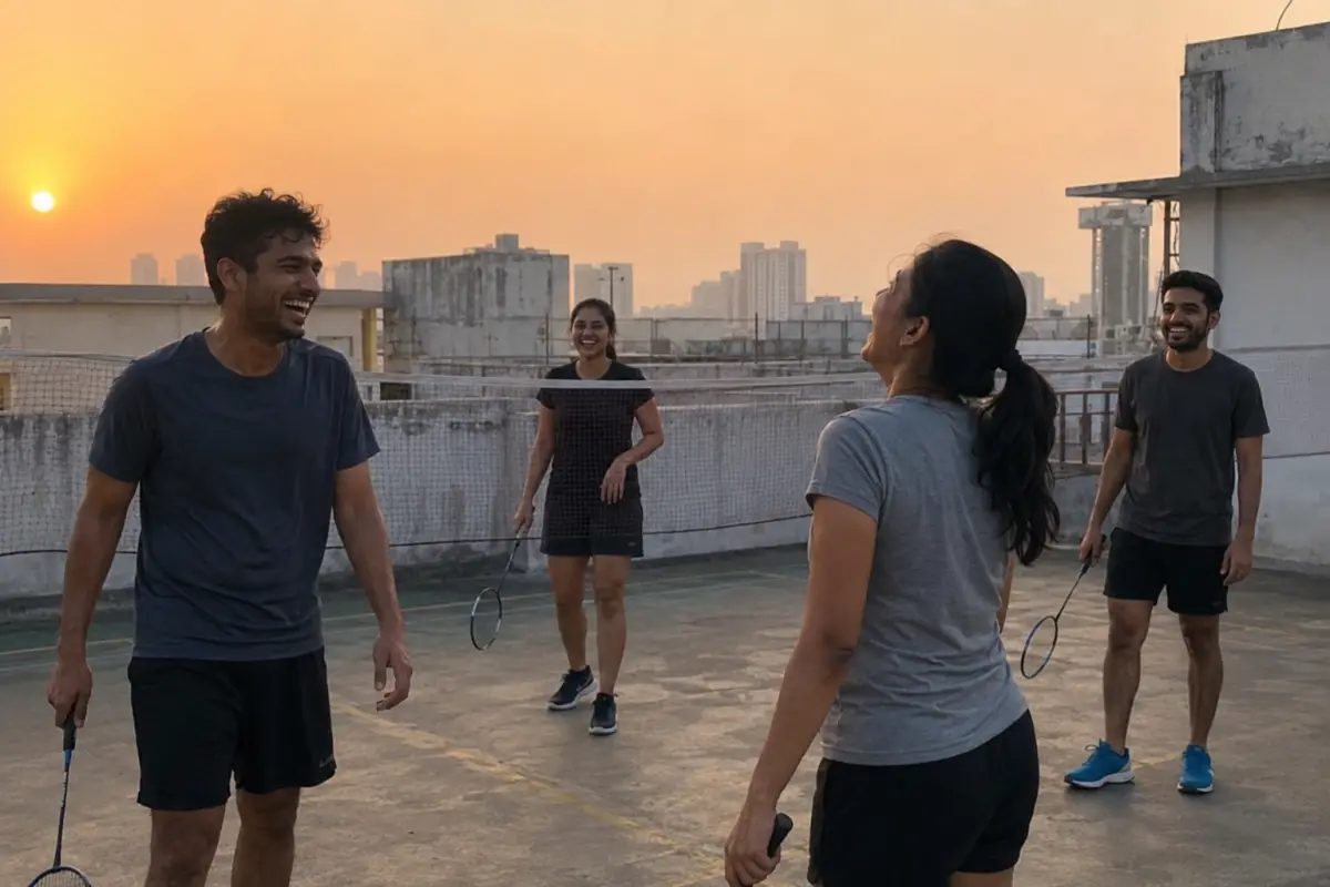 Four friends laughing mid-game on a Bangalore rooftop badminton court at golden hour