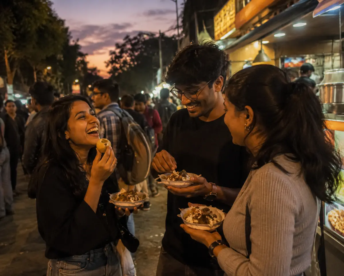 Three friends laughing while sharing chaat and pani puri on a crowded Bangalore food street at dusk