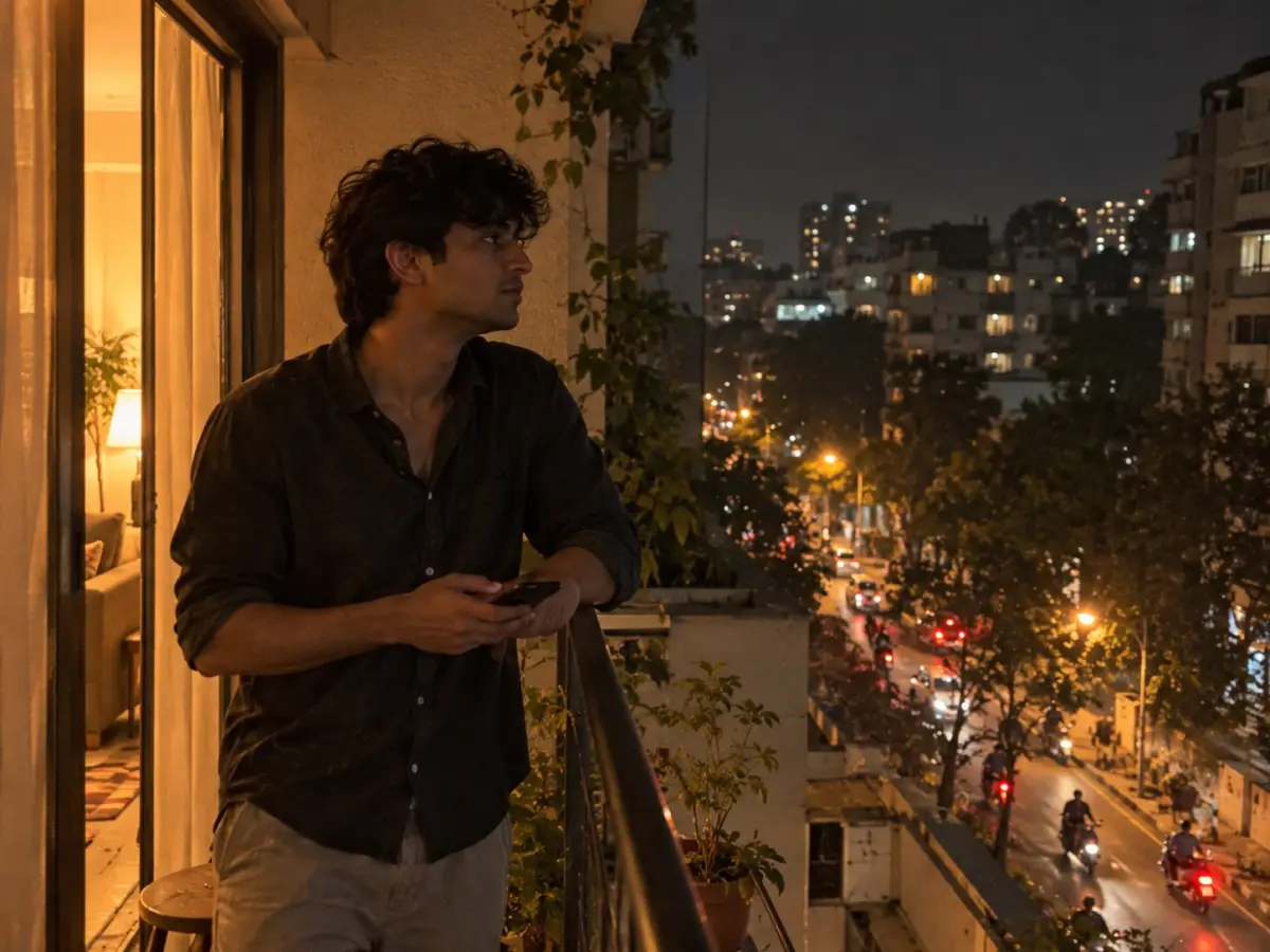 A young person on a balcony in an Indian city at night, phone in hand, city lights behind them