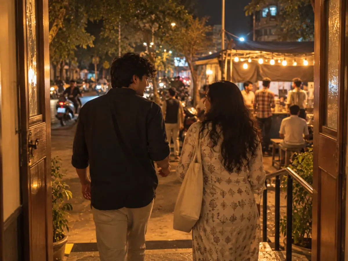 Two people walking out of a small event space onto an Indian city street at night, still talking