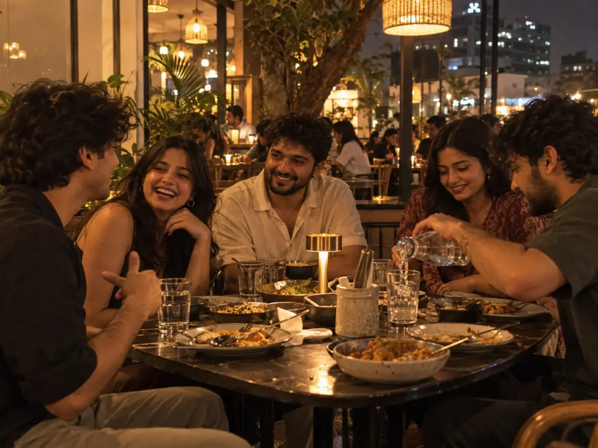 Five young adults at a restaurant table in an Indian metro, mid-conversation