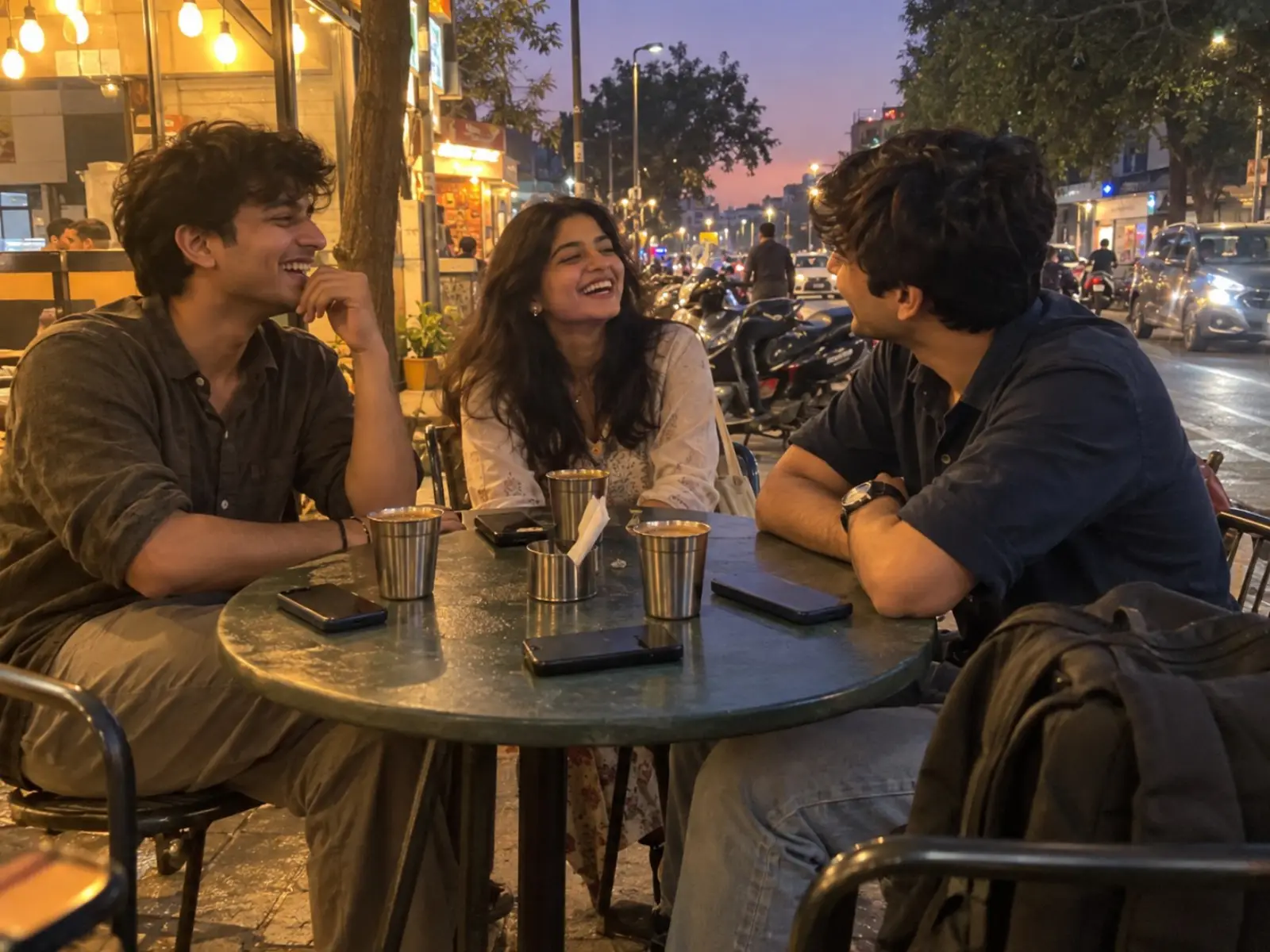 Young adults at a small cafe table in an Indian city at dusk, phones face down, warm lights and a busy street outside