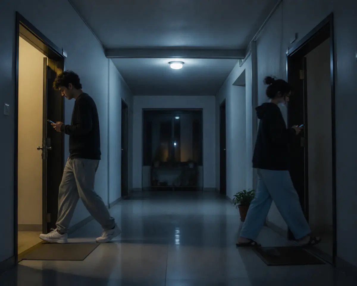Two residents leaving their apartments at the same time while looking at their phones to avoid eye contact in a hallway
