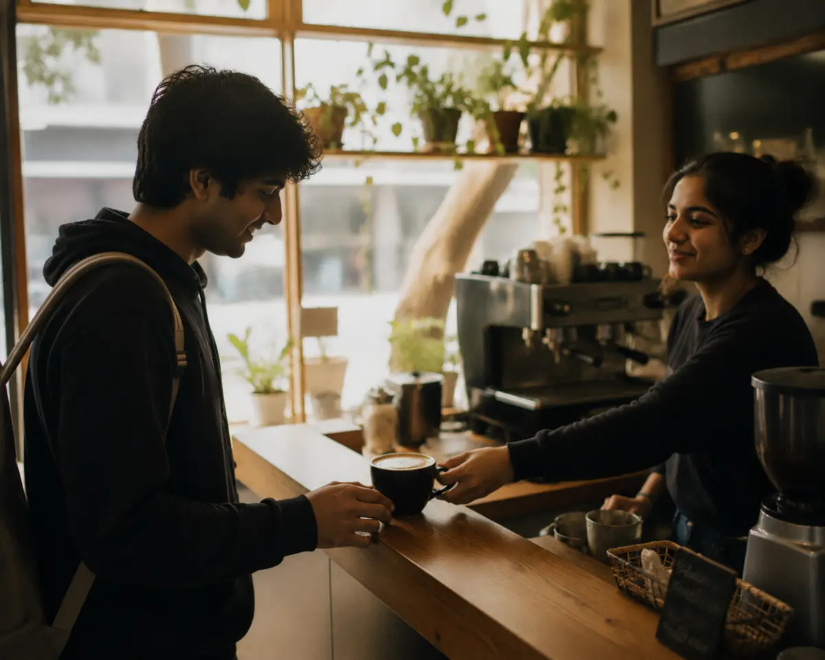 A barista sliding a drink to a young regular with a knowing smile at a small neighborhood café counter