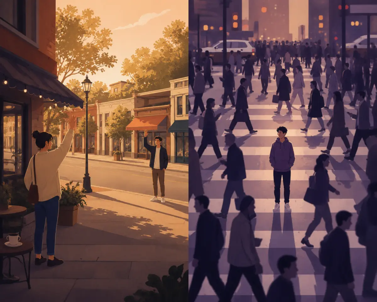 Split illustration of a warm small-town main street with neighbors waving versus a dense city crosswalk where one person stands disconnected