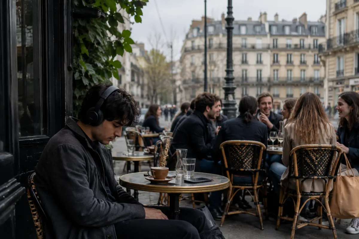 Young adult sitting alone with headphones at a European café terrace while groups chat at neighboring tables