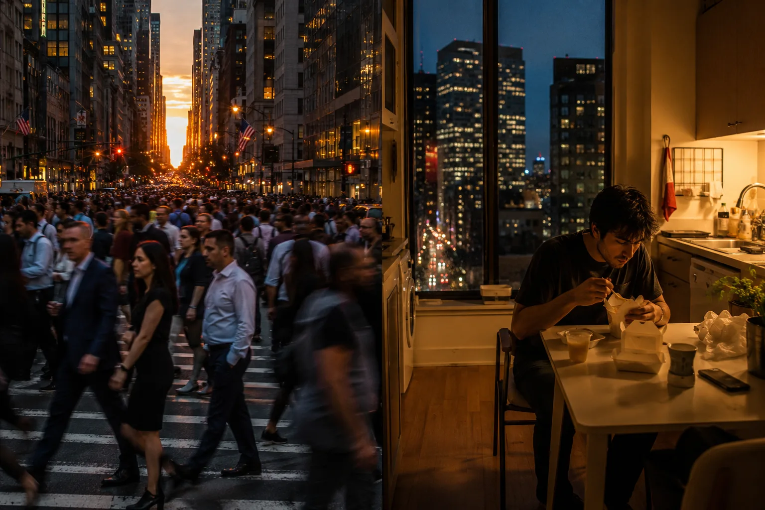Split view of a crowded city crosswalk and a person eating alone in a studio apartment at night, illustrating two different measures of urban loneliness