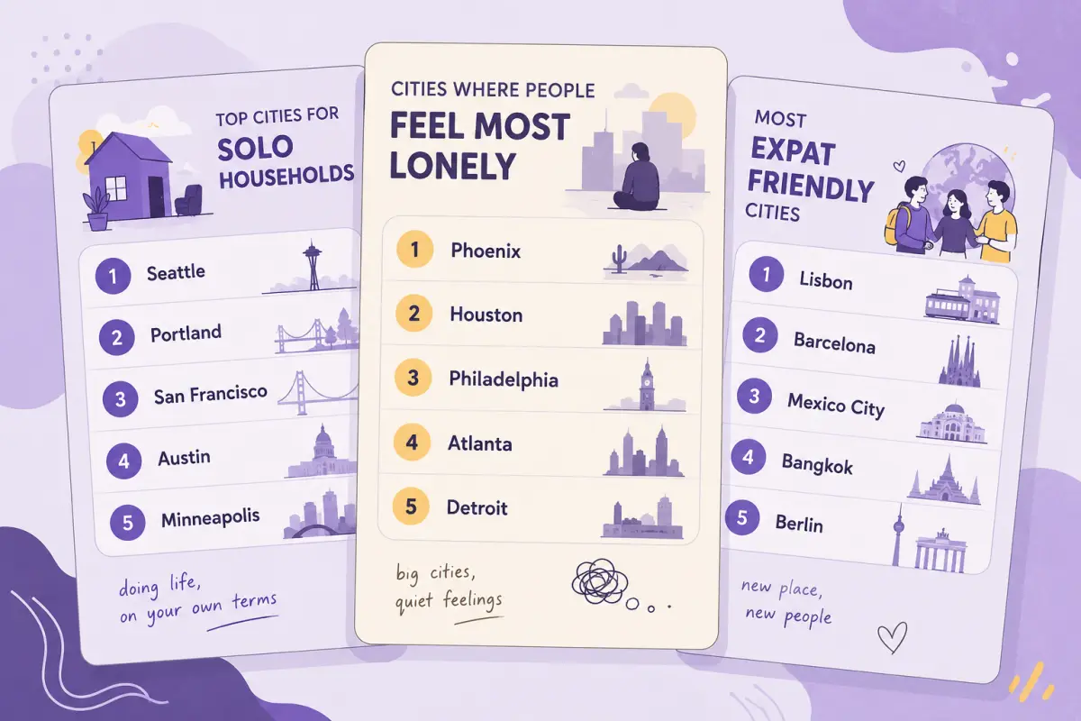 Illustration of three overlapping ranking scorecards for solo households, self-reported loneliness, and expat friendliness