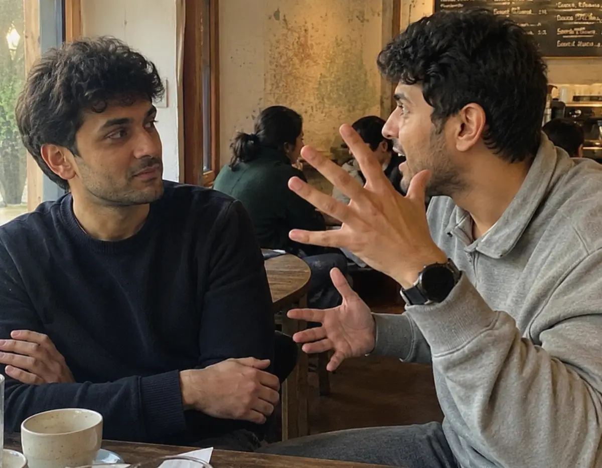 One person mid-story while their friend one-ups with a bigger gesture
