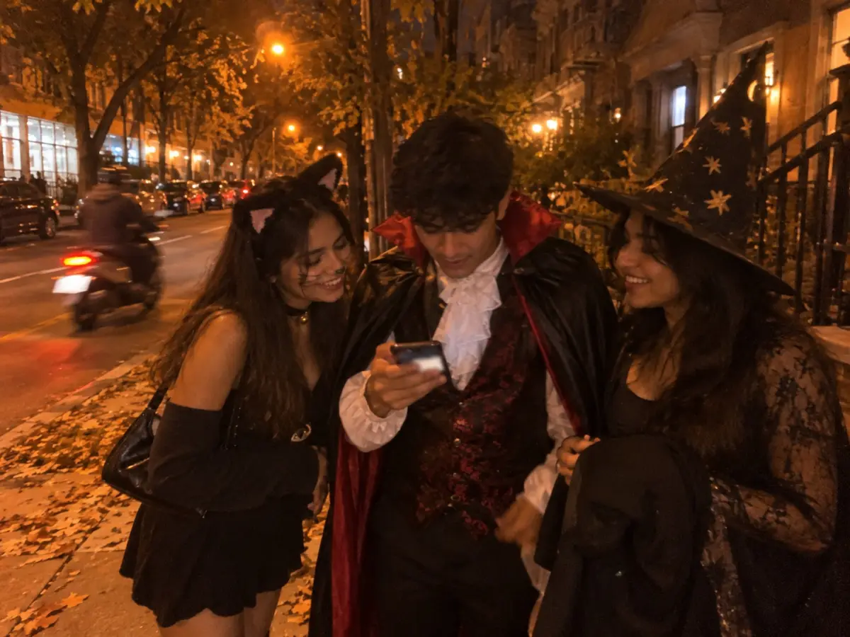 Costumed friends waiting for a ride on a city sidewalk under orange streetlights