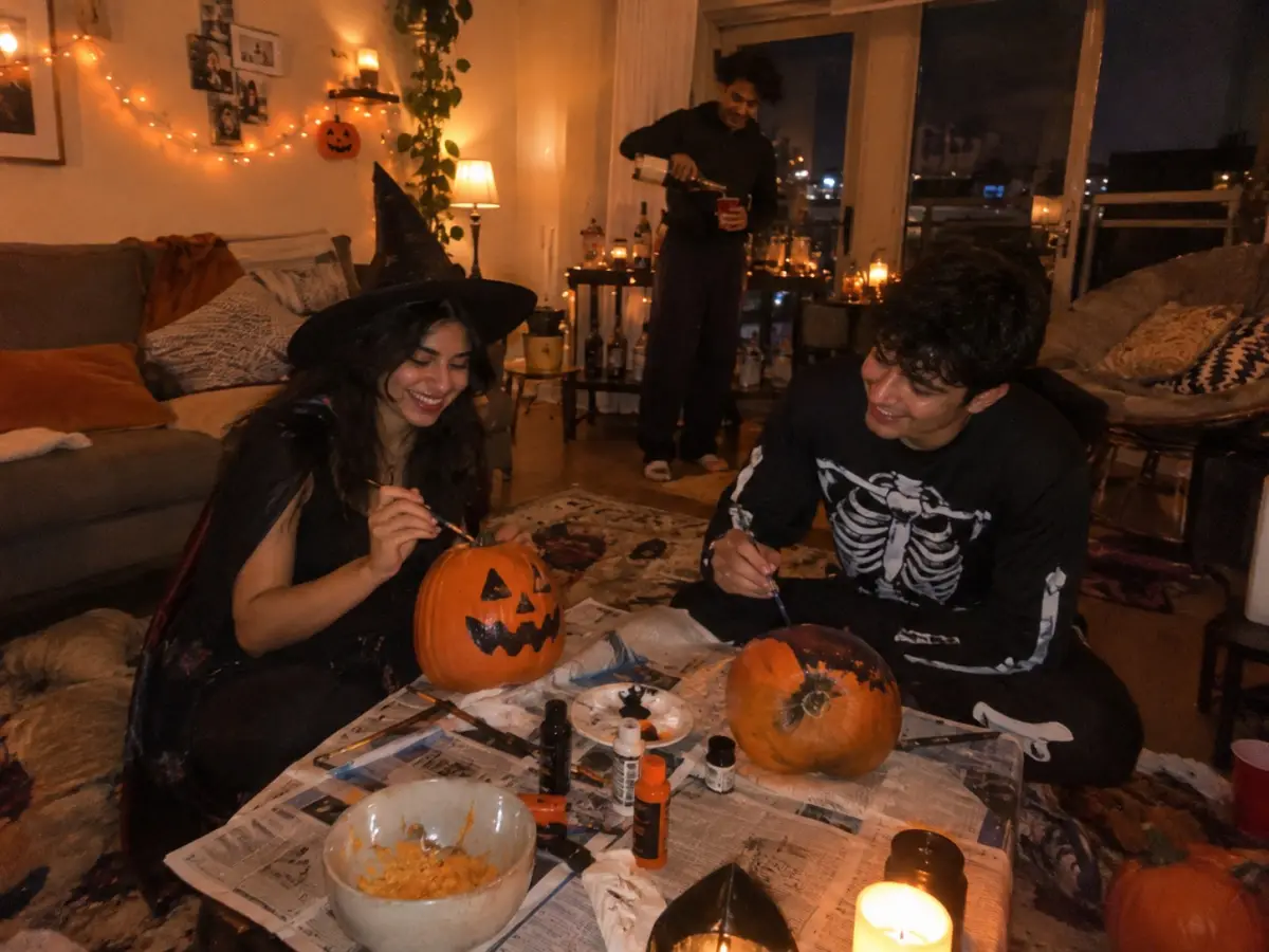 Friends in half-finished costumes painting pumpkins in a small living room with string lights