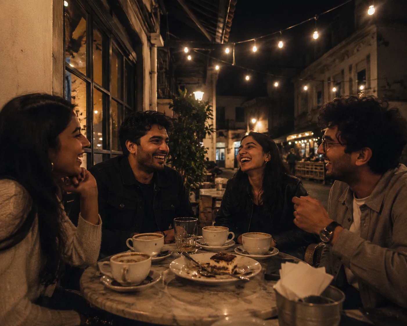 Four friends laughing around an outdoor café table at night under string lights