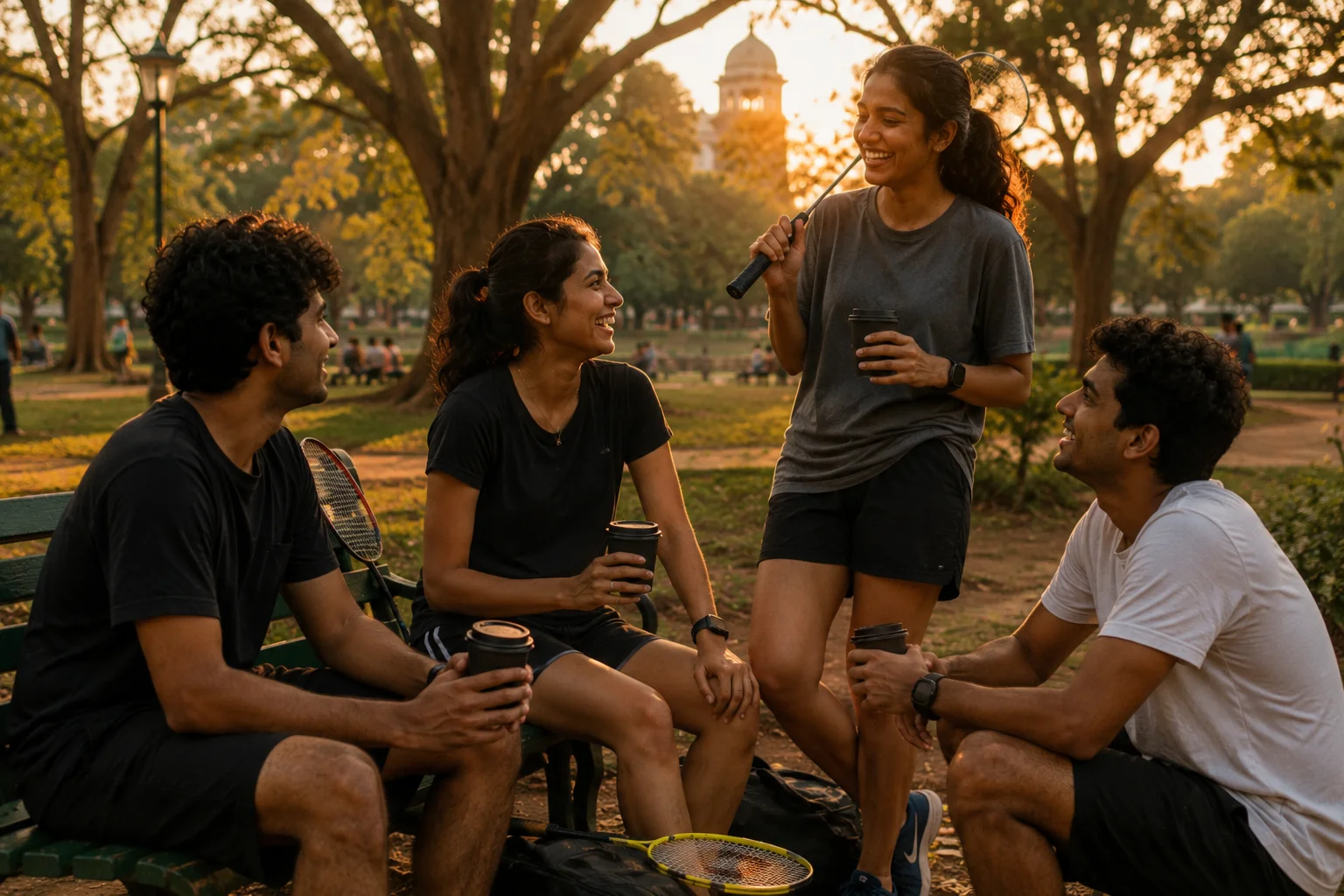 Four friends with badminton rackets laughing over coffee in a Bangalore park at golden hour