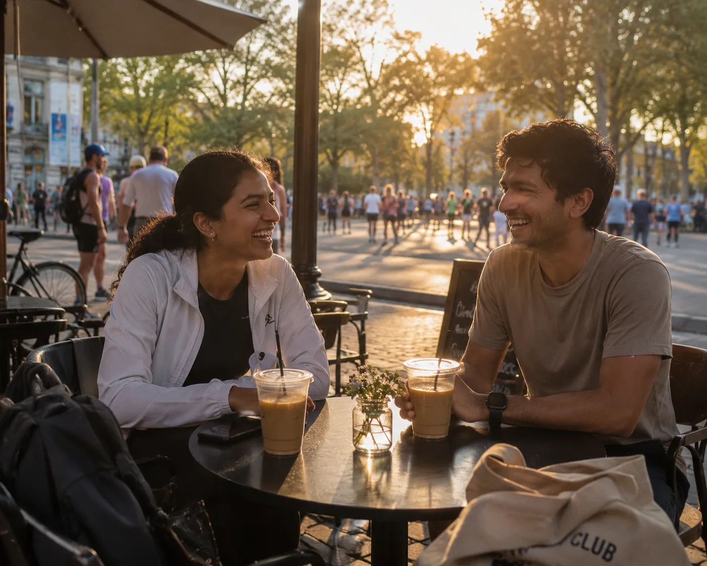 Two young people laughing over coffee at a sunny outdoor café table after a weekend activity