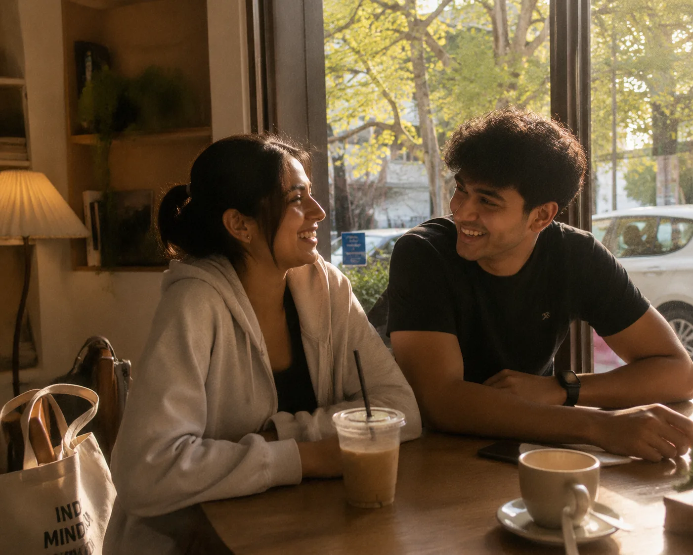 Two young friends laughing over coffee after leaving a shared class, backpacks on chairs, warm afternoon light
