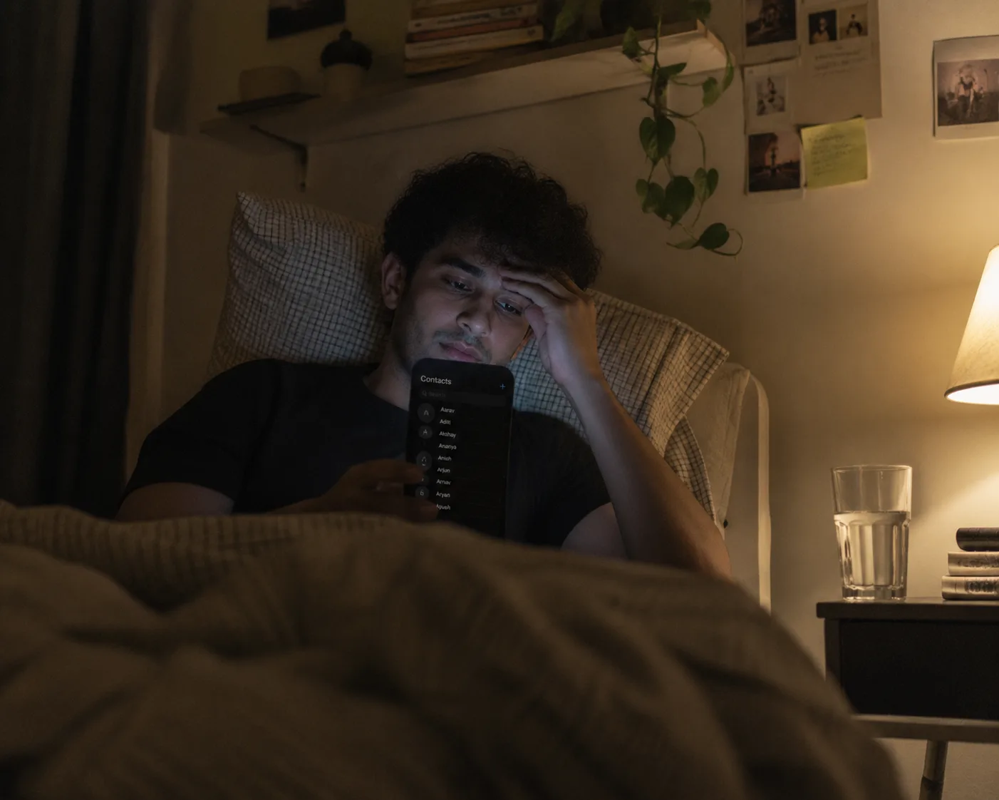 A young person lying on their bed at night scrolling through their phone contacts list with a dim lamp and an untouched glass of water on the nightstand