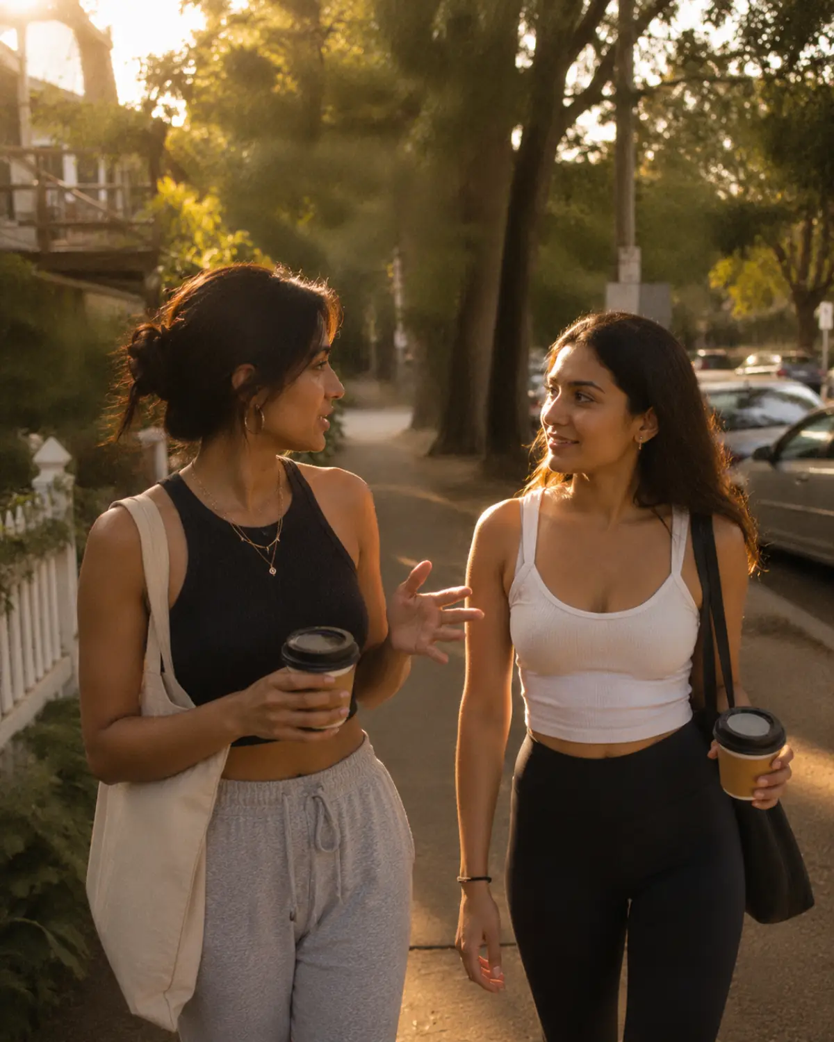 Two friends on a tree-lined golden-hour walk, one listening attentively while the other talks, coffee cups in hand