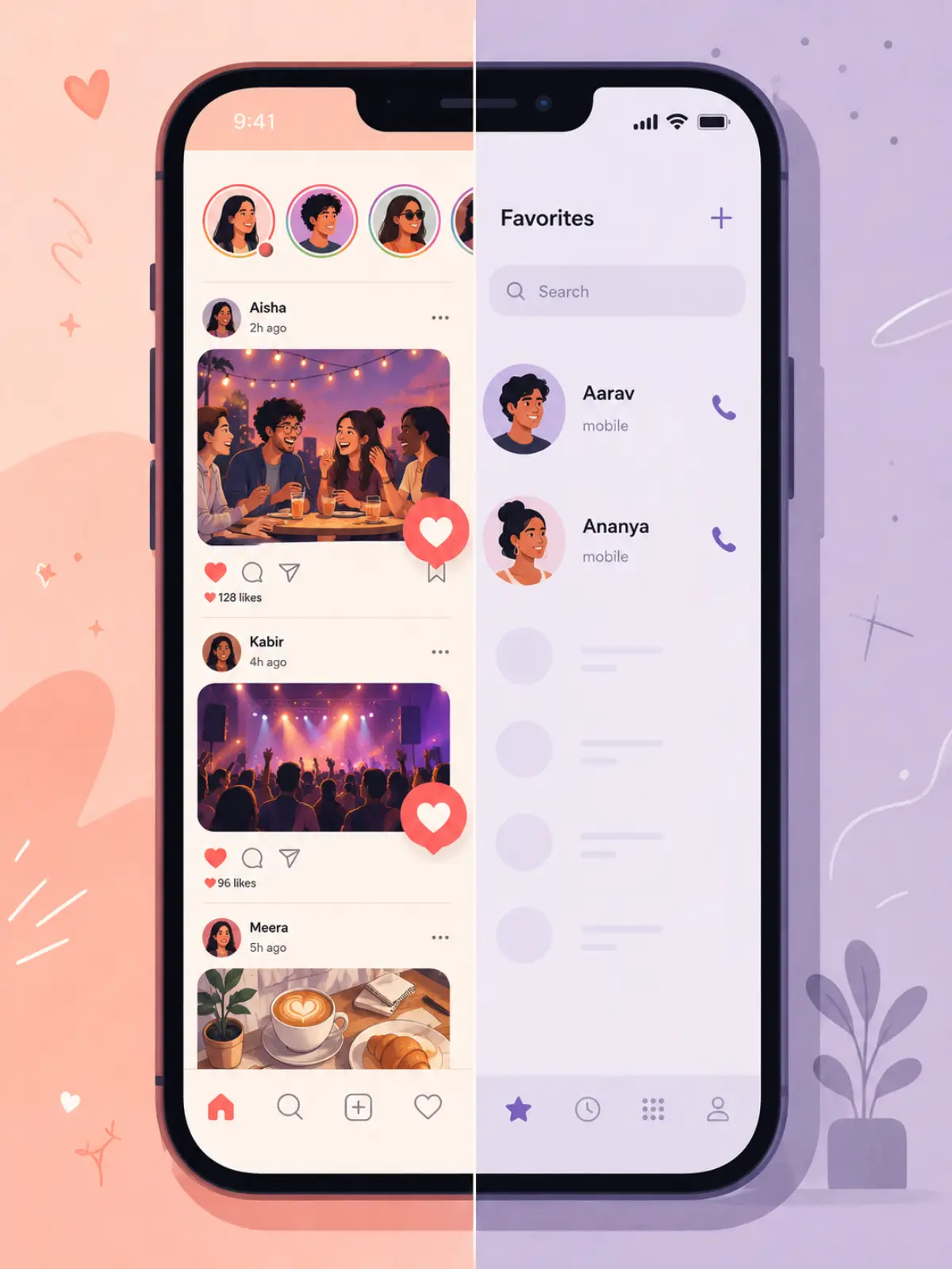 Illustration of a smartphone split in half, one side a colorful social feed full of likes and the other a nearly empty contacts favorites list