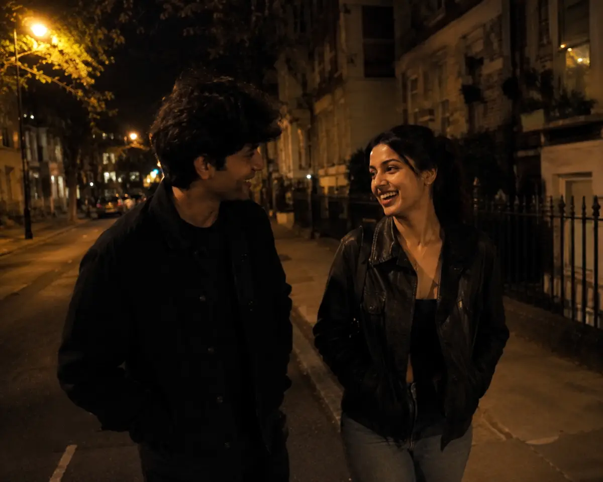 Two people walking a quiet night street after a party, still mid-laugh mid-conversation