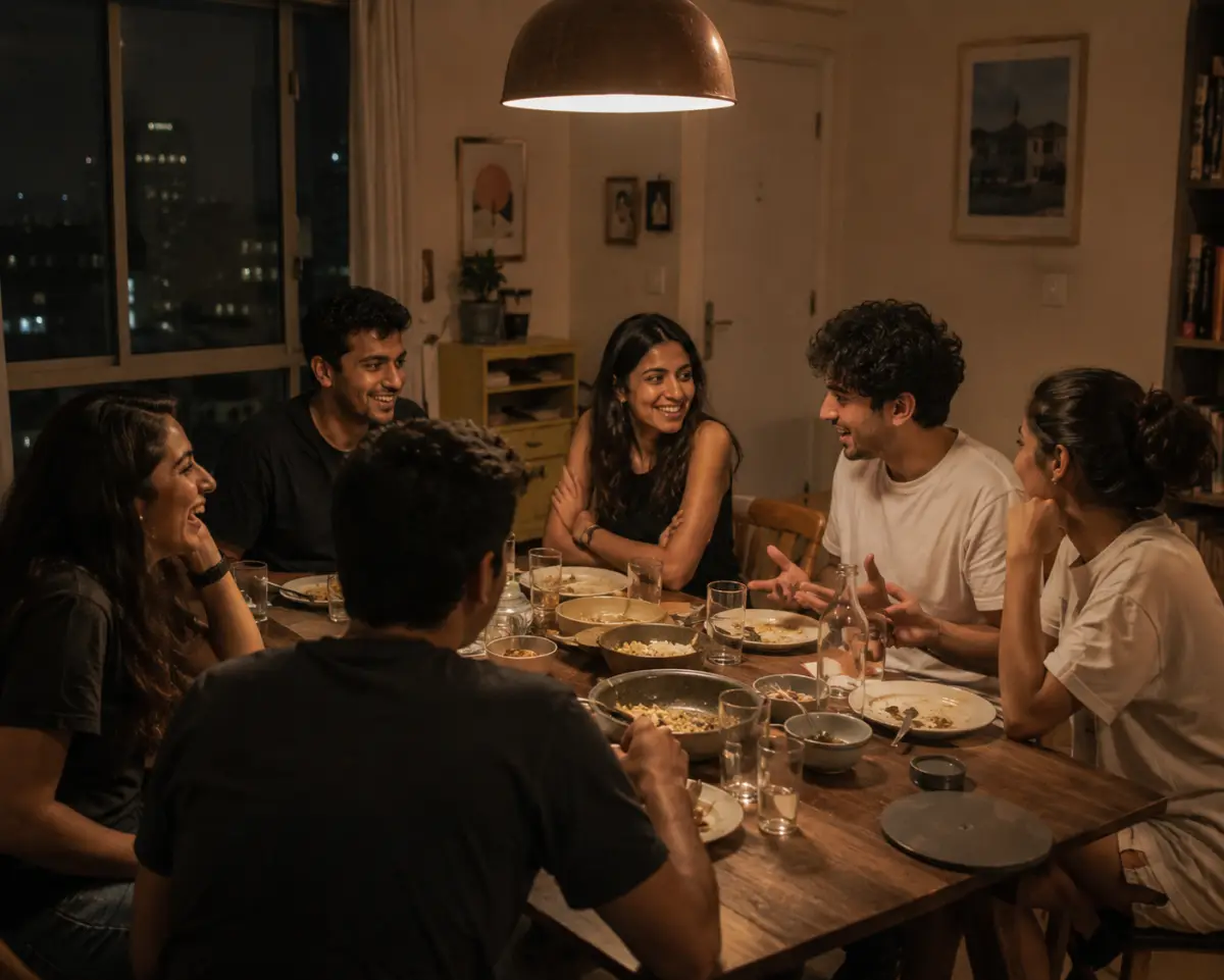 Six young adults at a casual apartment dinner while two of them talk across the table