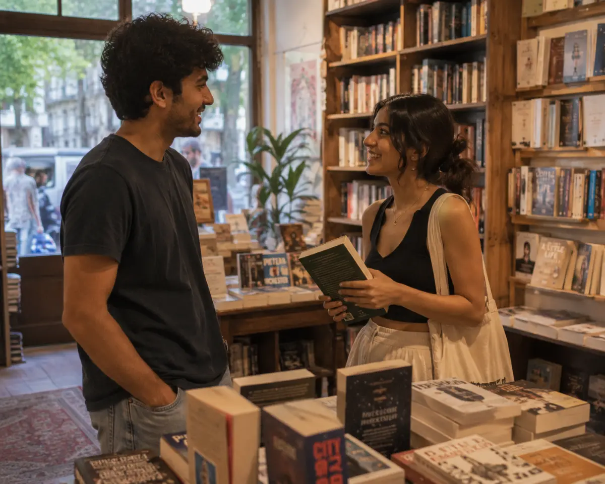 Two people chatting naturally beside a display table in a small independent bookstore