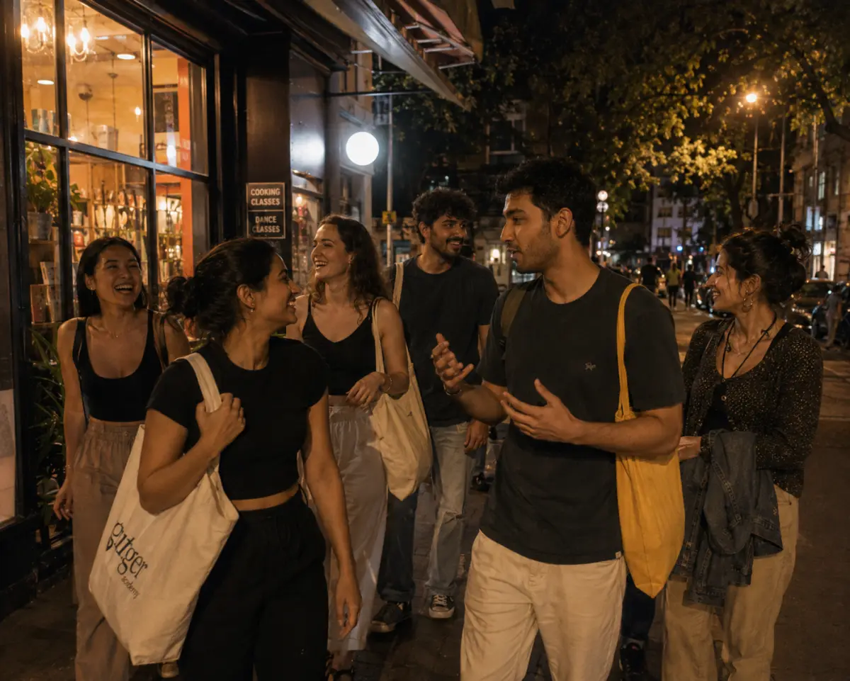 A relaxed group of young adults leaving an evening class together, chatting under warm storefront light