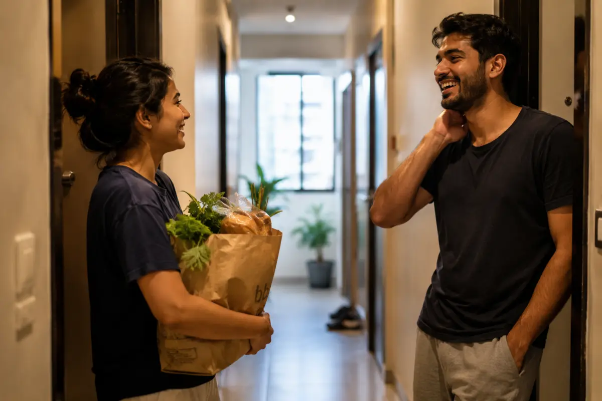 Two neighbors chatting and laughing in an apartment hallway, one holding a grocery bag