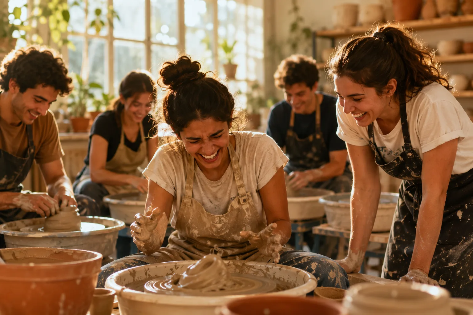 Five twenty-somethings at a sunlit pottery class, one laughing at her collapsing clay pot