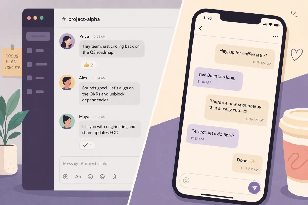 Split-screen illustration contrasting a corporate work chat thread with a warm personal text invite