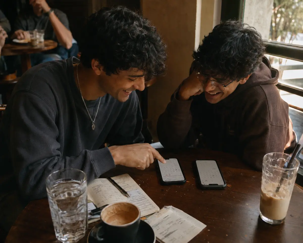 Two friends catching up at a cafe after months apart, calendars open on phones
