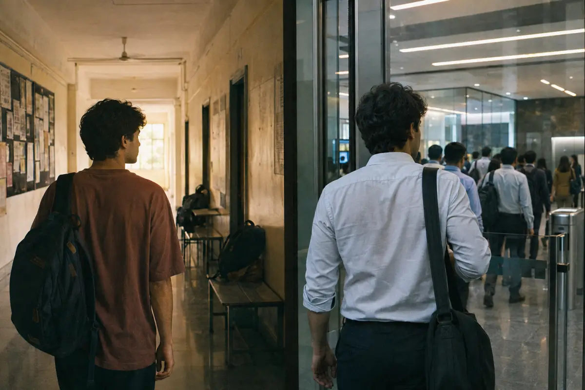 Empty campus corridor next to a busy office lobby, same person in both halves