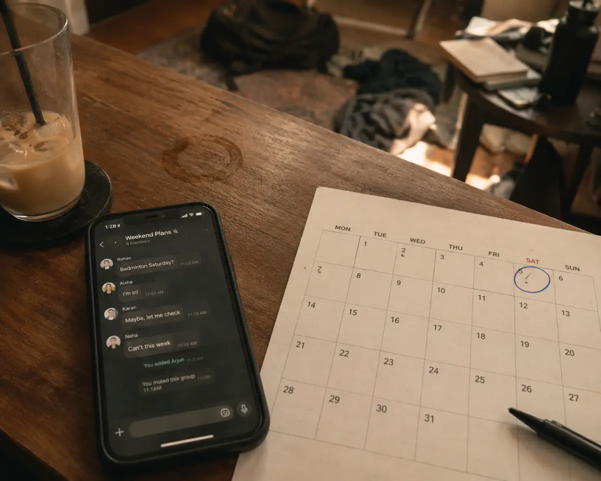 Phone showing a quiet group chat beside a paper calendar with one Saturday circled