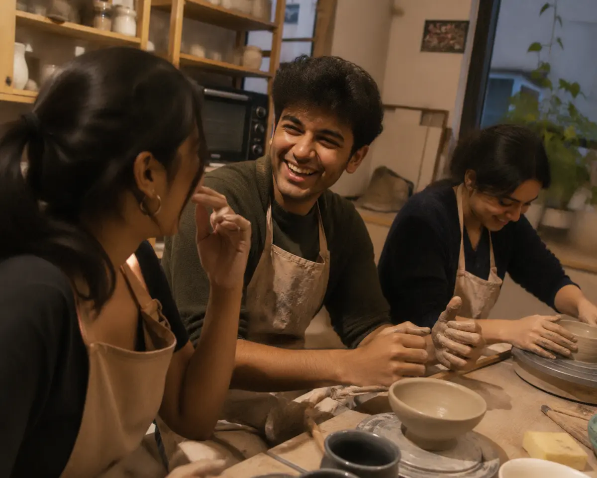 Three young adults at a ceramics studio table with clay-covered hands, laughing while working