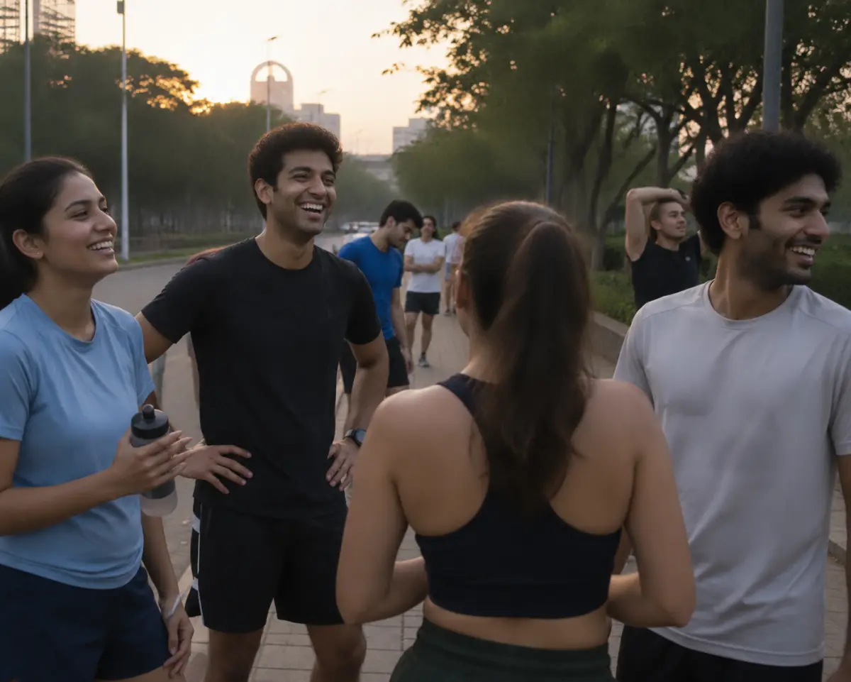 A mixed group of young adults in athletic wear laughing together after a neighborhood run club at sunrise