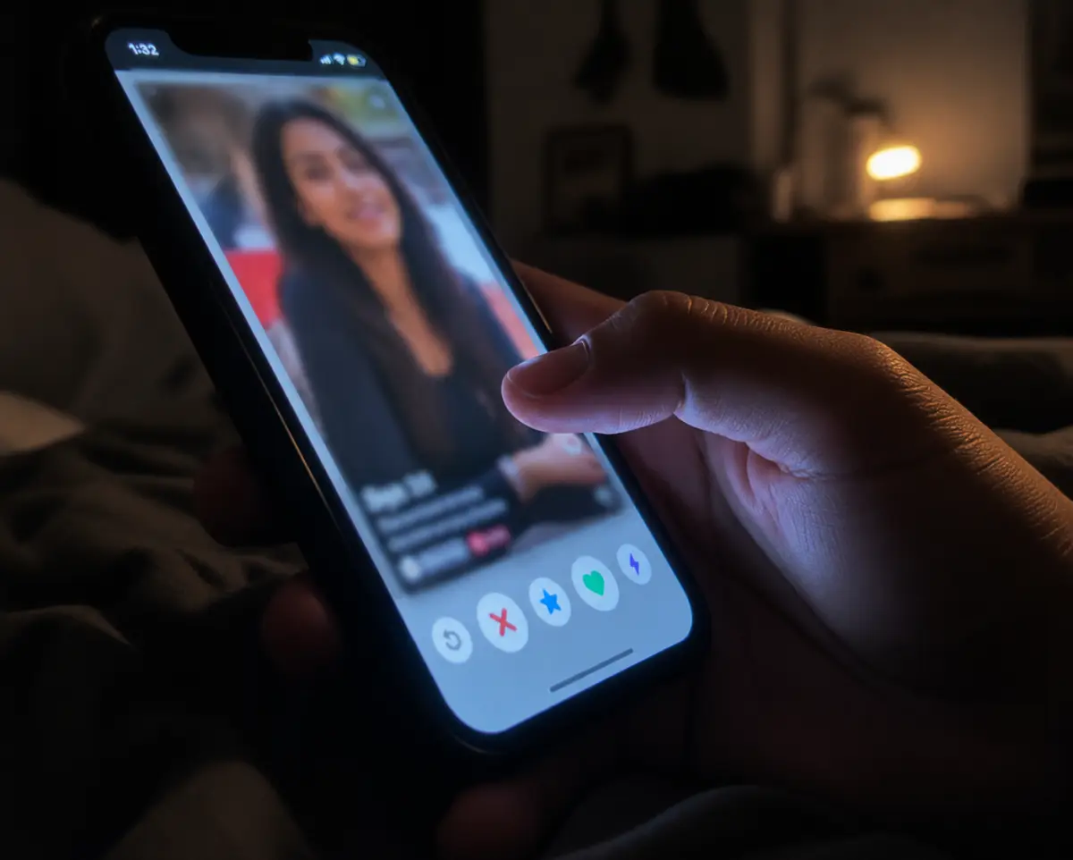 Close-up of a thumb hovering over a phone screen with blurred dating-app profile cards