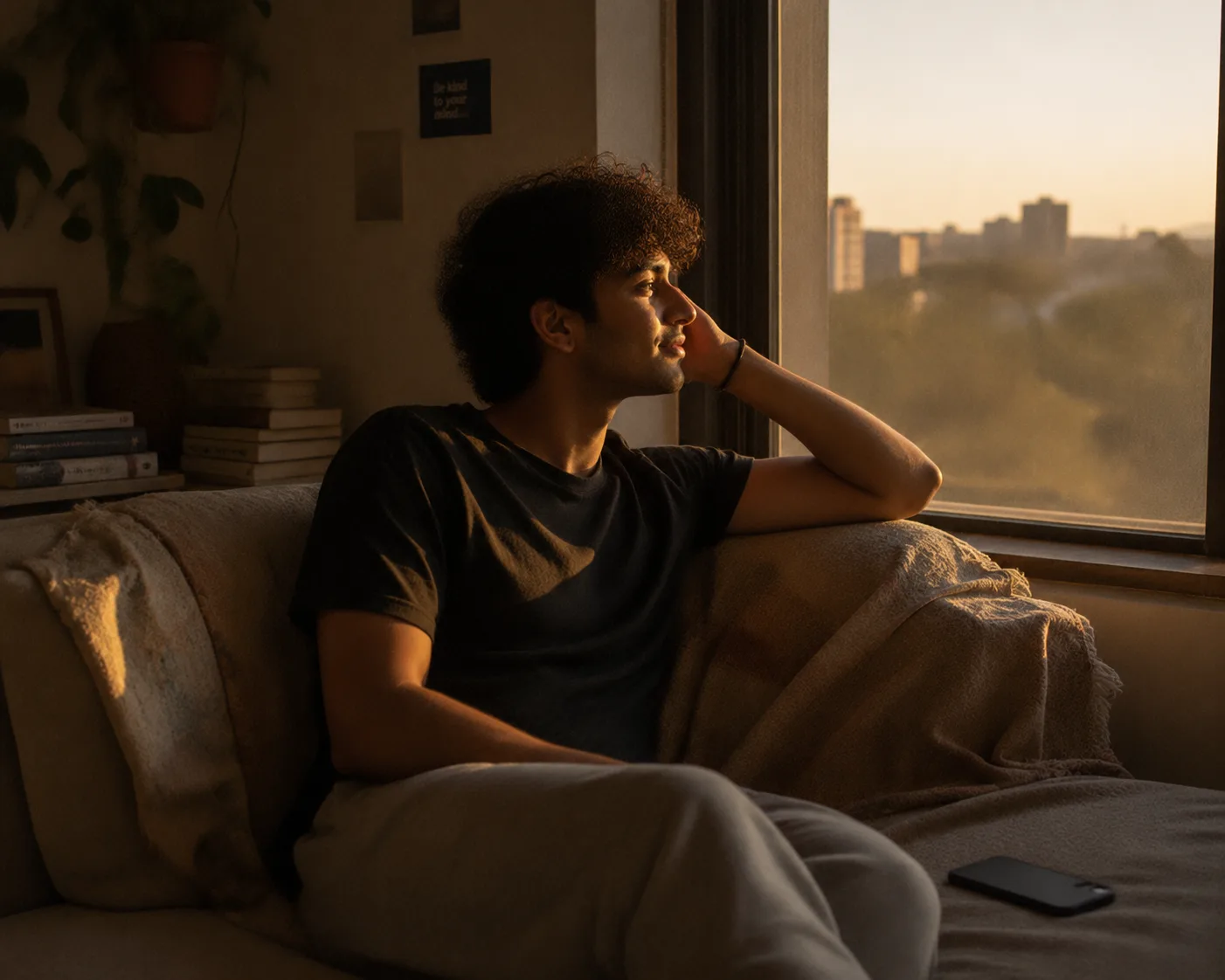 A young person sitting on a couch with their phone face-down beside them, looking out a window at golden hour