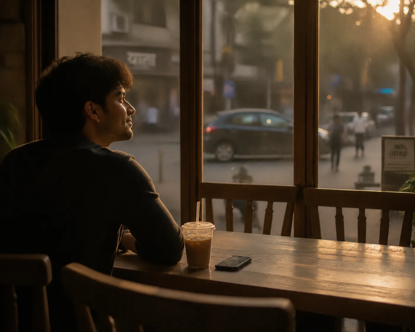 A young adult sitting alone at a café window with two empty chairs across the table, phone face down, warm evening light
