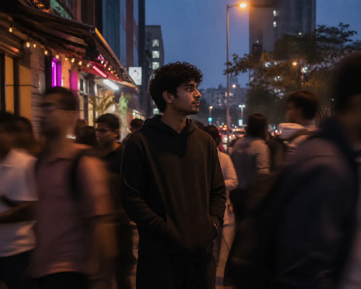 A young person standing alone on a crowded city sidewalk at dusk, surrounded by blurred commuters, looking slightly disconnected
