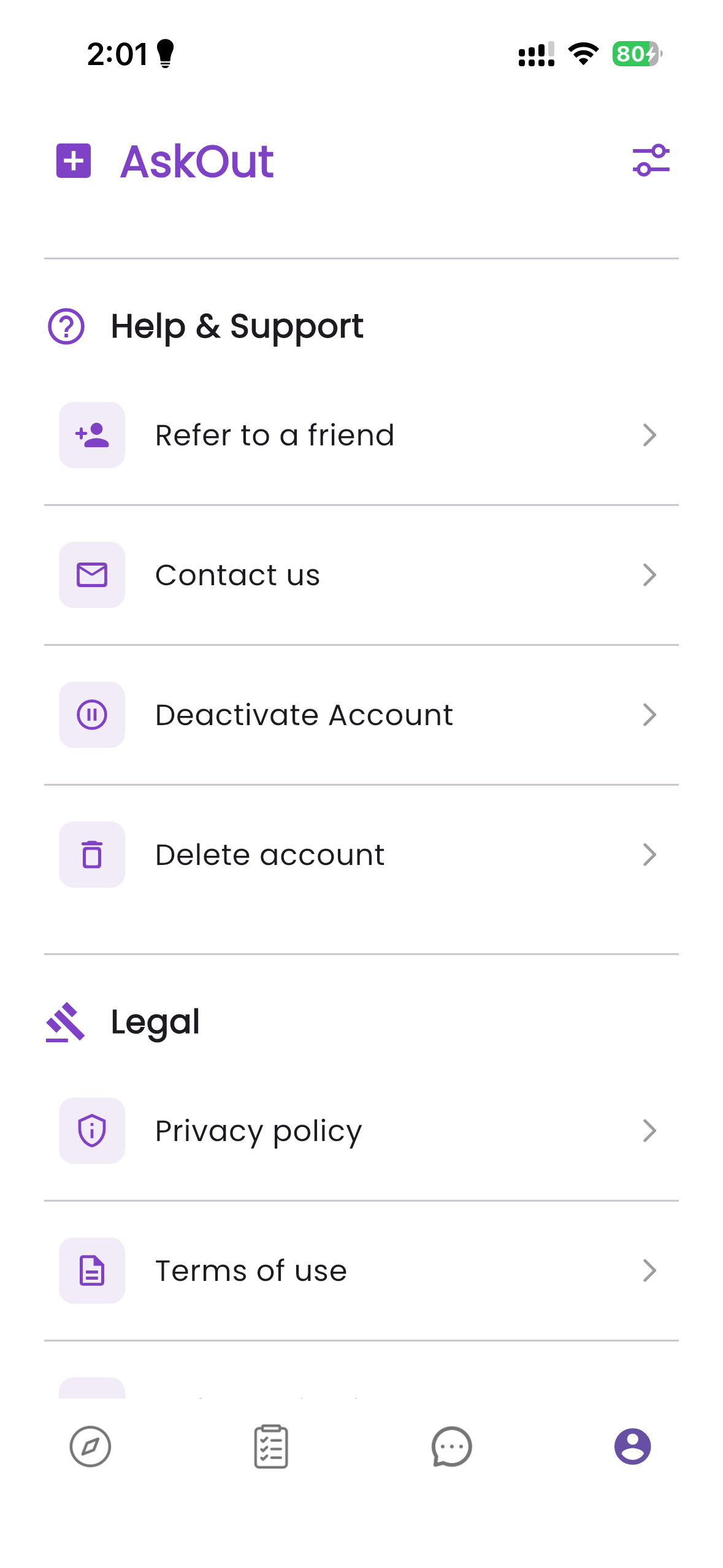 AskOut Account screen showing Help & Support and the Delete account option